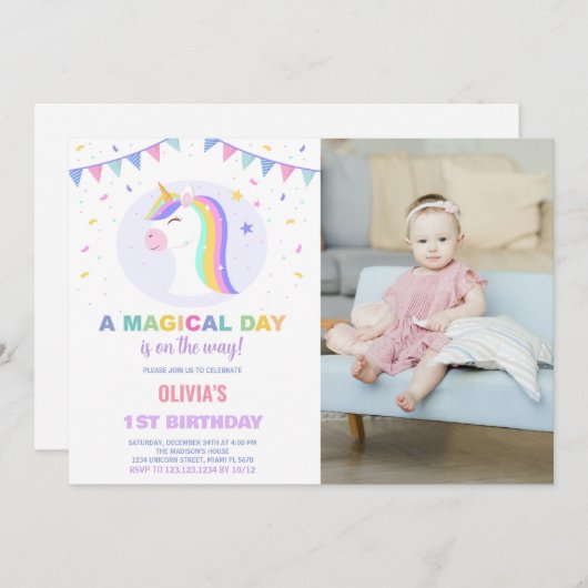 Drapeaux Unicorn Invitations d'anniversaire avec p (Devant / Derrière)