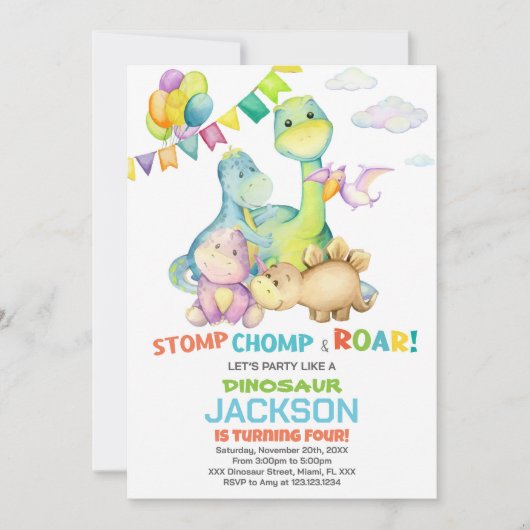 Drapeaux verts Dinosaur Invitations d'anniversaire (Devant)