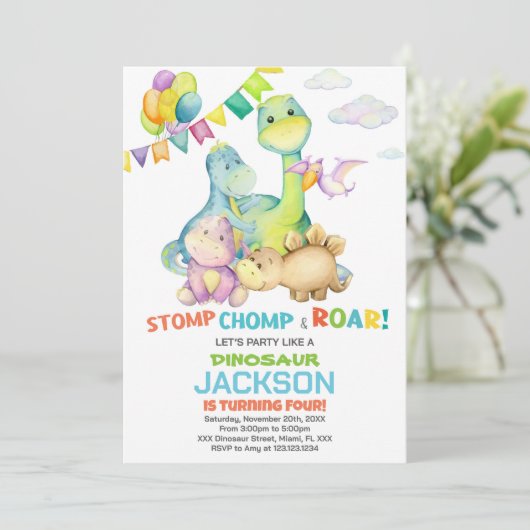 Drapeaux verts Dinosaur Invitations d'anniversaire (Debout devant)