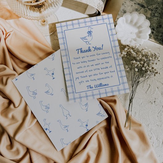 Drawn Goose Gingham Blue Classic Boy Baby Shower Bedankkaart