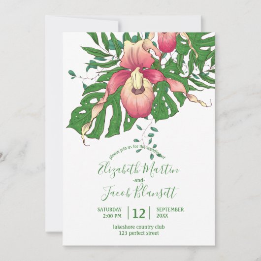Drawn Pink and Yellow Lady Slipper Orchid Wedding Kaart (Voorkant)
