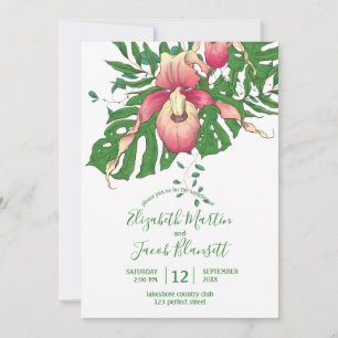 Drawn Pink and Yellow Lady Slipper Orchid Wedding Kaart