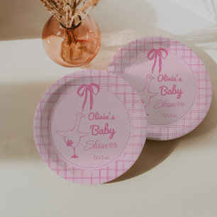 Drawn Roze Gekke Goose Ribbon Baby Meisje Douche Papieren Bordje