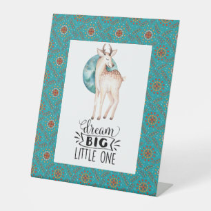 Dream Big Deer Boho Blue Border Nursery Art Faux Reclamebord Met Voetstuk