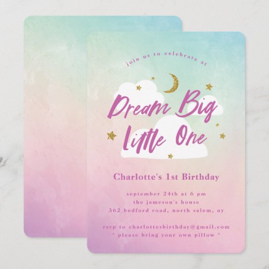 Dream Big Little One 1st Birthday Uitnodiging (Voorkant / Achterkant)
