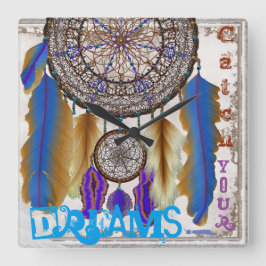 Dream catcher met magische vogelblauwe veren vierkante klok