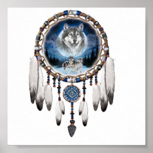 Dream Catcher met wolf achtergrond Poster
