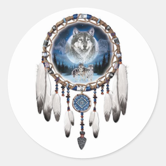 Dream Catcher met wolf achtergrond Ronde Sticker (Voorkant)