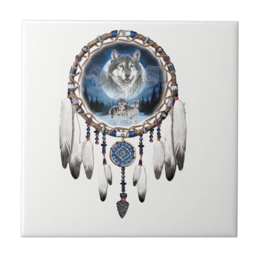 Dream Catcher met wolf achtergrond Tegeltje (Voorkant)