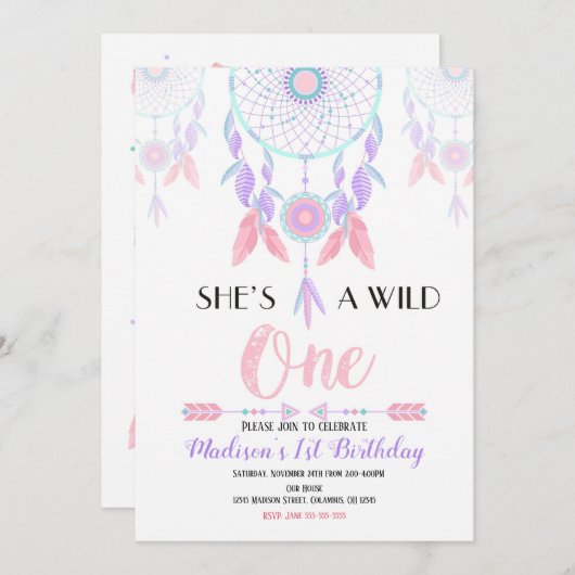 Dream Catcher Wild One 1st Birthday Invitation Kaart (Voorkant / Achterkant)