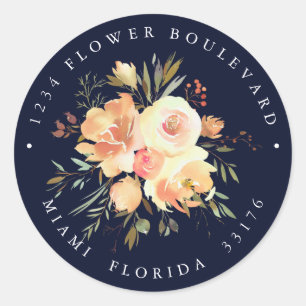 Dream Peach Navy Bruiloft Botanisch Retouradres Ronde Sticker