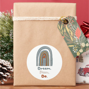 Dream, plan, doe motivatie boho regenboogkleurig ronde sticker
