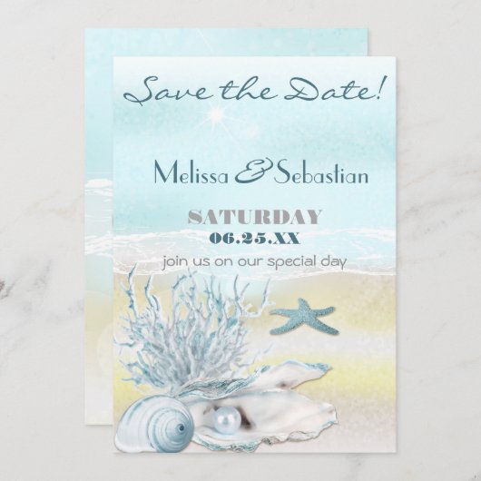Dream Shore Beach Blue Weddenschap Save the Date (Voorkant / Achterkant)