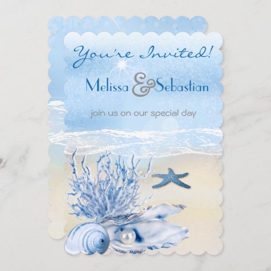 Dream Shore Beach Heel Blue Weddenschap Uitnodigen Kaart (Voorkant / Achterkant)
