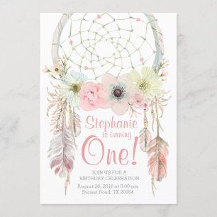 Dreamcatcher Boho Pink pastel Invitation d'anniver