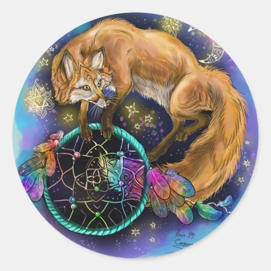 DreamCatcher Fox Ronde Sticker (Voorkant)
