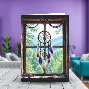 Dreamcatcher in het venster Gelukkige verjaardag Kaart