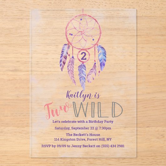 Dreamcatcher Two Wild 2e verjaardag Acryl Uitnodigingen (Voorkant)