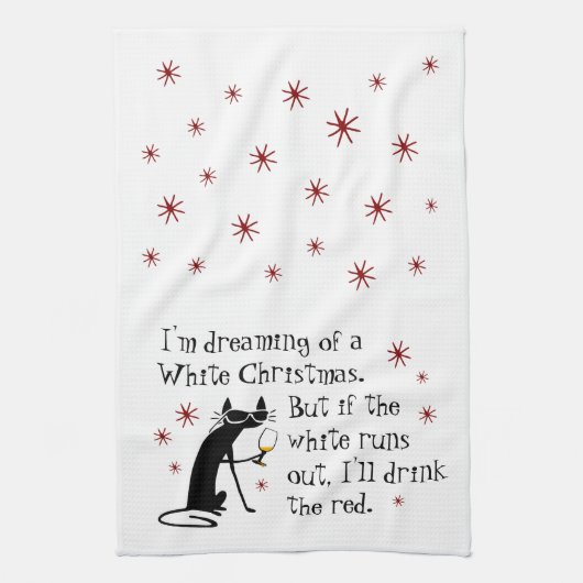 Dreaming van White Kerstmis Funny Wine Cat Theedoek (Verticaal)