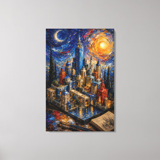 Dreamscape Metropolis | Impasto Fantasiestad Canvas Afdruk