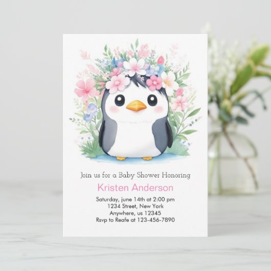 Dreamscape Waterverf Meisje Penguin Baby shower Kaart (Staand voorkant)