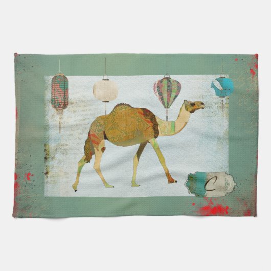 Dreamweaver Camel Monogram Turqoise & White Towel Theedoek (Horizontaal)