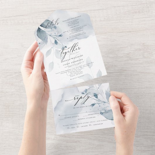 Dreamweaver Dusty Blue Foliage in één uitnodiging (Afscheurbaar)