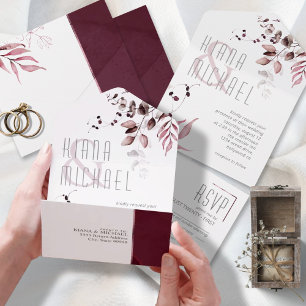 Dreamweaver Foliage Wedding Burgundy ID817 All In One Uitnodiging