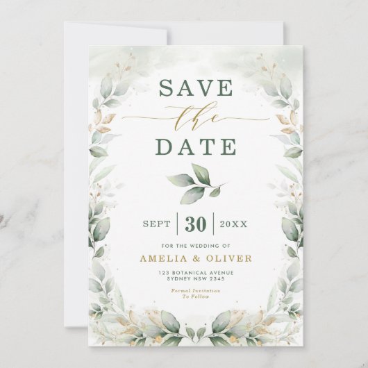 Dreamweaver Greenery Gold Eucalyptus Save the Date Kaart (Voorkant)