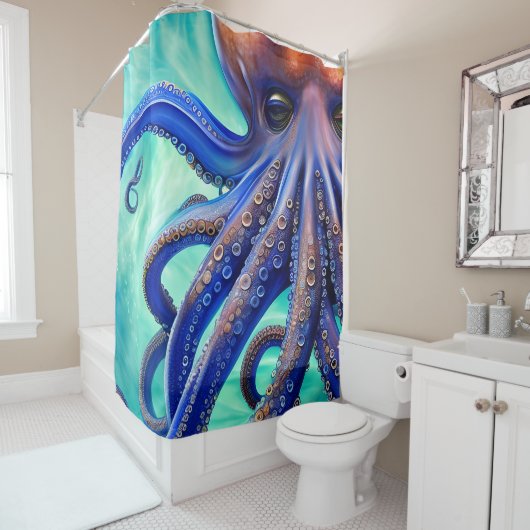 Dreamweaver Octopus Blue Ocean Wave Pop Art Douchegordijn (In situ)