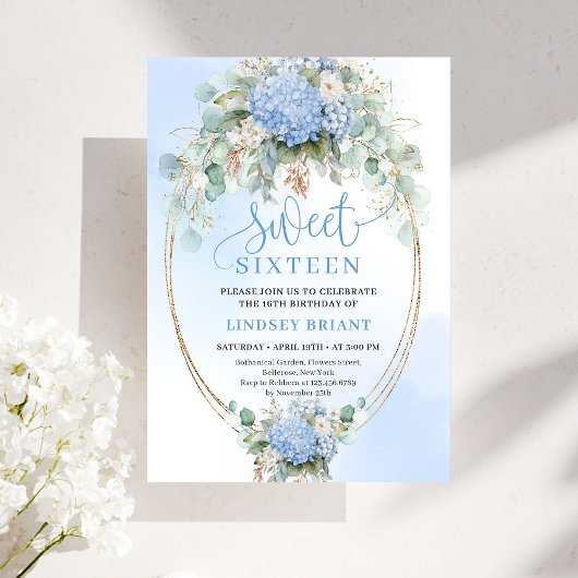 Dreamy Boho Blue Hydrangea Gold Sweet Sixteen Kaart