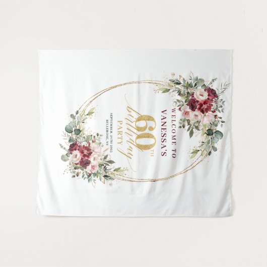 Dreamy Boho Burgundy Floral Gold 60th Birthday Wandkleed (Voorkant (horizontaal))