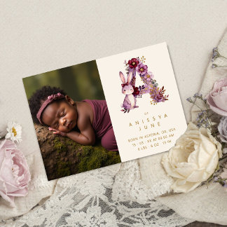Dreamy Bunny A Initial Burgundy Glitter Newborn Aankondiging