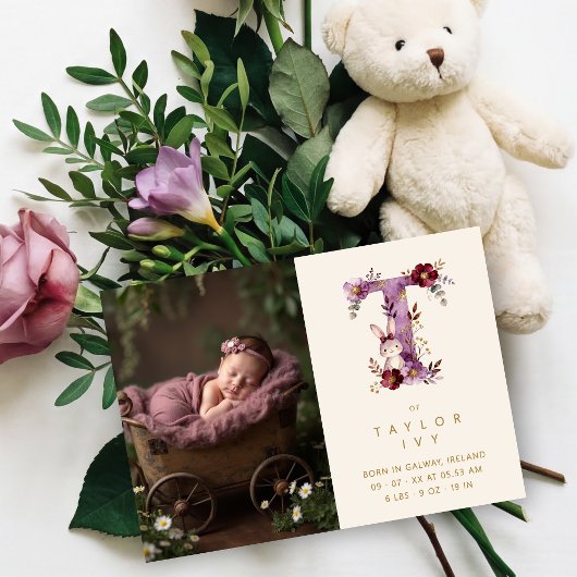 Dreamy Bunny T Initial Gold Glitter Newborn Aankondiging