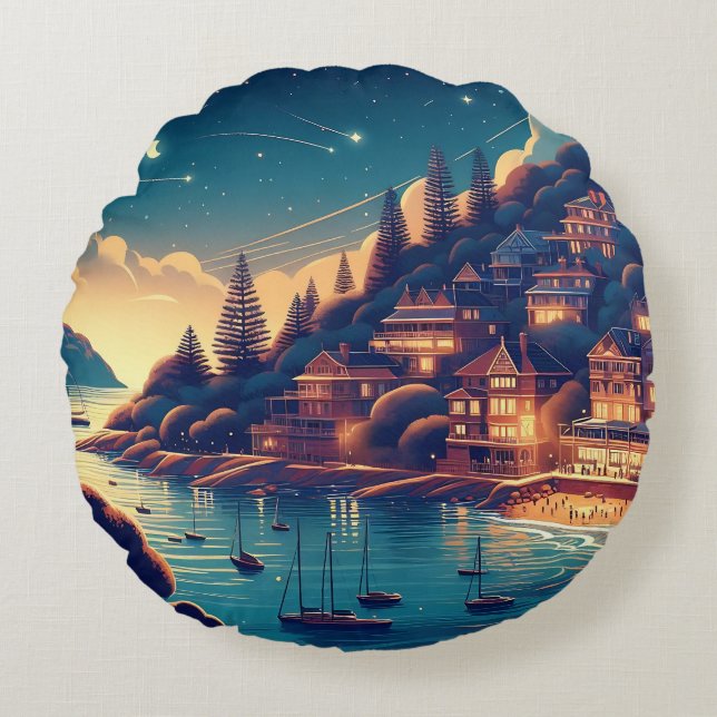 Dreamy Coastal Night Rond Kussen (Voorkant)