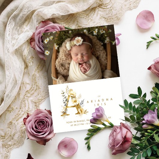 Dreamy Floral A Initial Gold Glitter Newborn Aankondiging