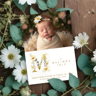 Dreamy Floral M Initial Gold Glitter Newborn Aankondiging