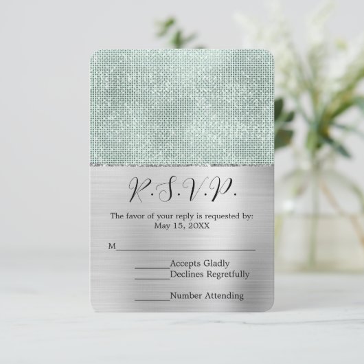 Dreamy Glitzy Mint Argent Sparkle Wedding RSVP (Debout devant)