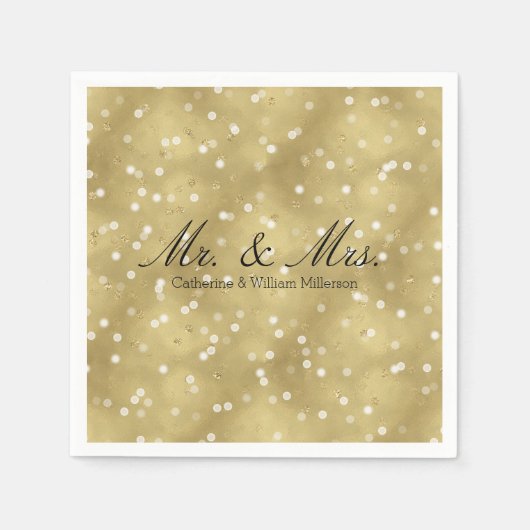 Dreamy Gold Bokeh Confetti Mr en Mrs Wedding Servetten (Voorkant)