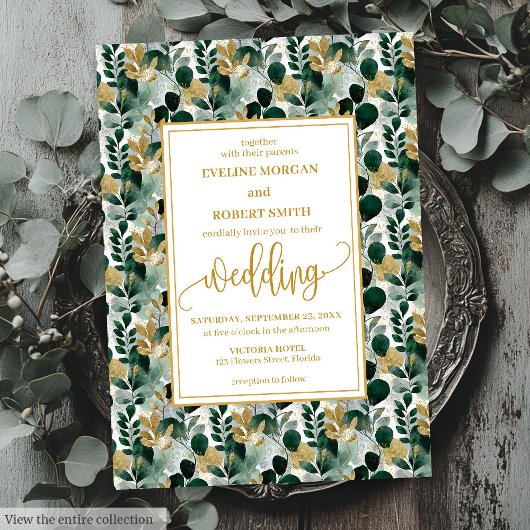 Dreamy Hunter Green Gold Greenery Wedding Uitnodig Kaart