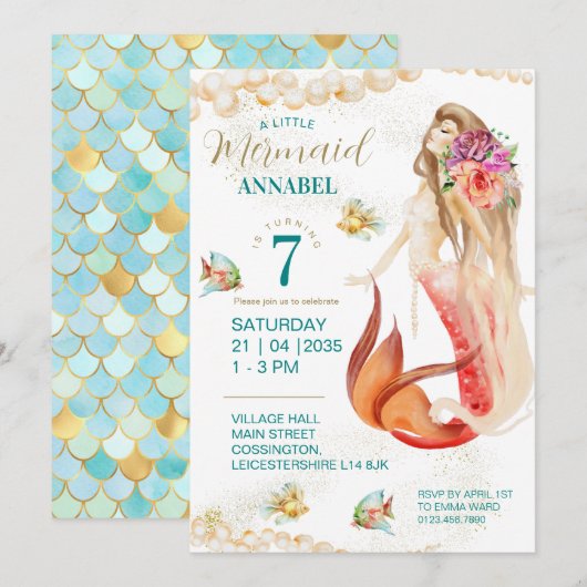 Dreamy Mermaid Invitation de fête d'anniversaire (Devant / Derrière)