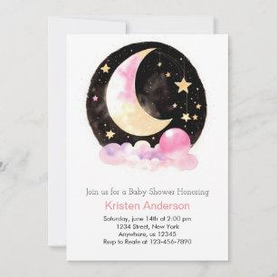 Dreamy Moon and Stars Pink Girl Baby shower Kaart