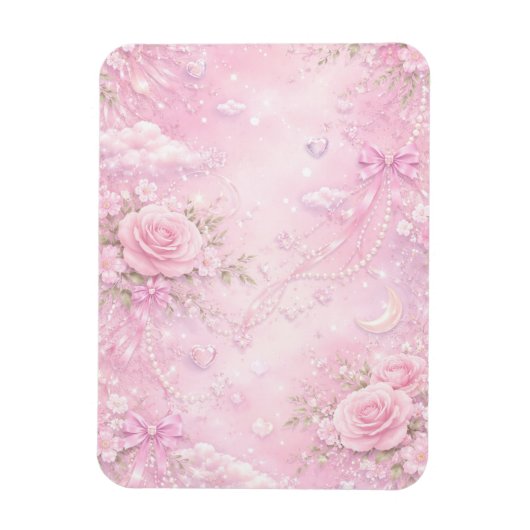 Dreamy Pink Rose Floral Pattern Pearls Bows Sparks Magneet (Verticaal)