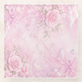 Dreamy Pink Rose Floral Pearls Bows Sparkles Glazen Onderzetter