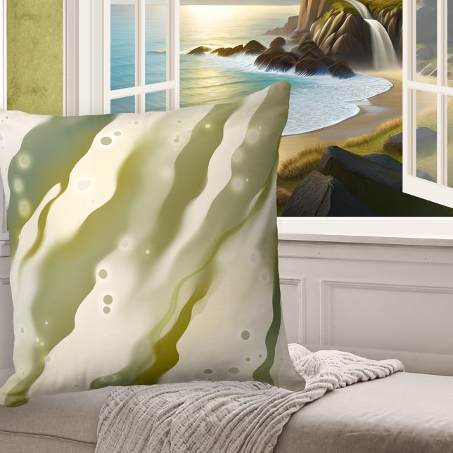 Dreamy Seaweed Abstrait Green Art Motif Coussin (Modern pillow showing a green abstract painting with light sparkles, reminding of seaweed and ocean)