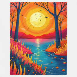 Dreamy Vibrant Sunset Lake Forest Illustration Fleece Deken