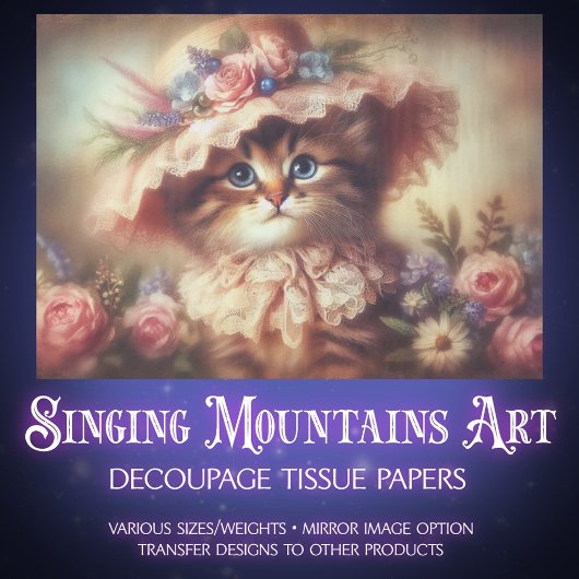 Dreamy Victorian Cat in Floral Hat Decoupage Tissuepapier