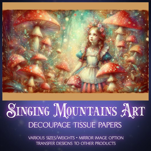 Dreamy Watercolor Alice and Mushrooms Decoupage Tissuepapier