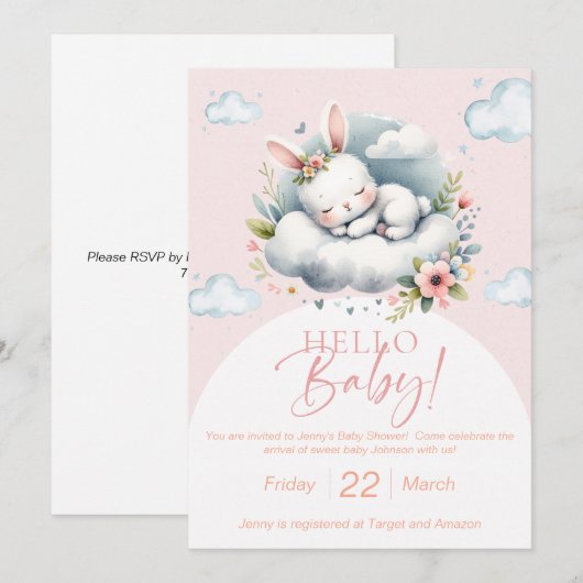 Dreamy watercolor bunny baby shower invitation (Devant / Derrière)