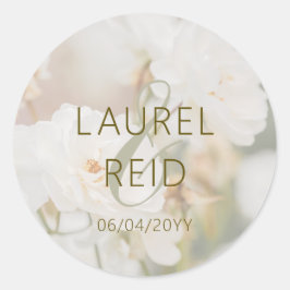 Dreamy White Rose Photo With Names Elegant Wedding Ronde Sticker